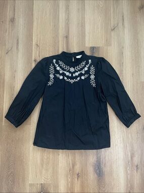 LOFT Black Blouse with White Floral Embroidery